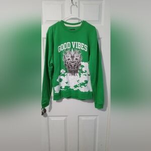 Vibrant Green and White Graphic Hoodie with Good Vibes